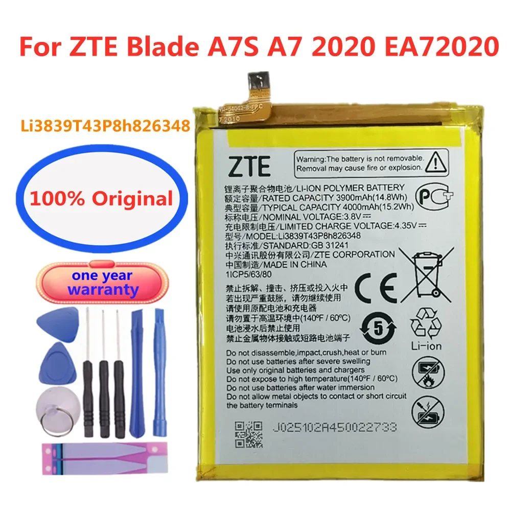 

Аккумулятор Li3839T43P8h826348 для телефона ZTE Blade A7S A7 2020 EA72020, аккумулятор 4000 мАч + Бесплатные инструменты