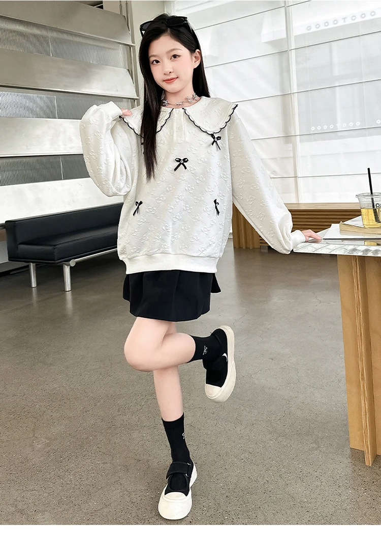 Lässiges Sweatshirt mit Peter-Pan-Kragen und Schleifen für Mädchen, neue Frühlingskollektion, atmungsaktive Kleidung, modisches Oberteil mit langen Ärmeln für Teenager und Kinder. – Detail 8