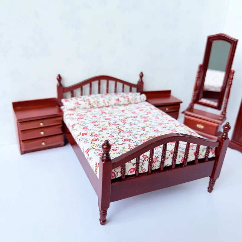 1:12 Dollhouse Vintage Wooden Bedroom Furniture 5Pcs Set Mini Bed Wardrobe Mirror Nightstands Miniature Dolls Accessories Toys