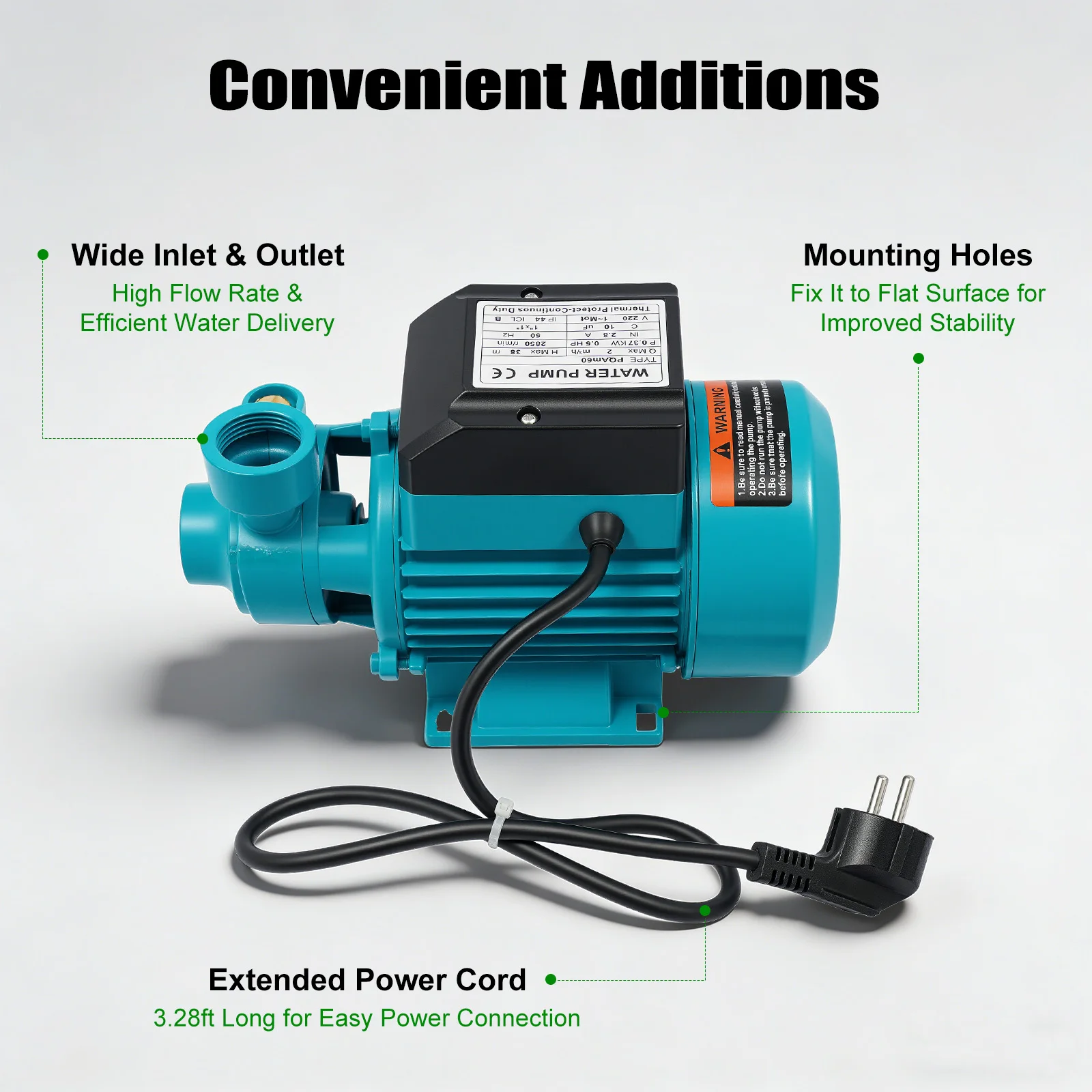Pompa Acqua 370W 0.5HP 220V 2850RPM 2m³/h 38m Prevalenza, Resistente alla Corrosione, Fusione di Precisione, per Trasferimento Acqua Pulita, Spina EU