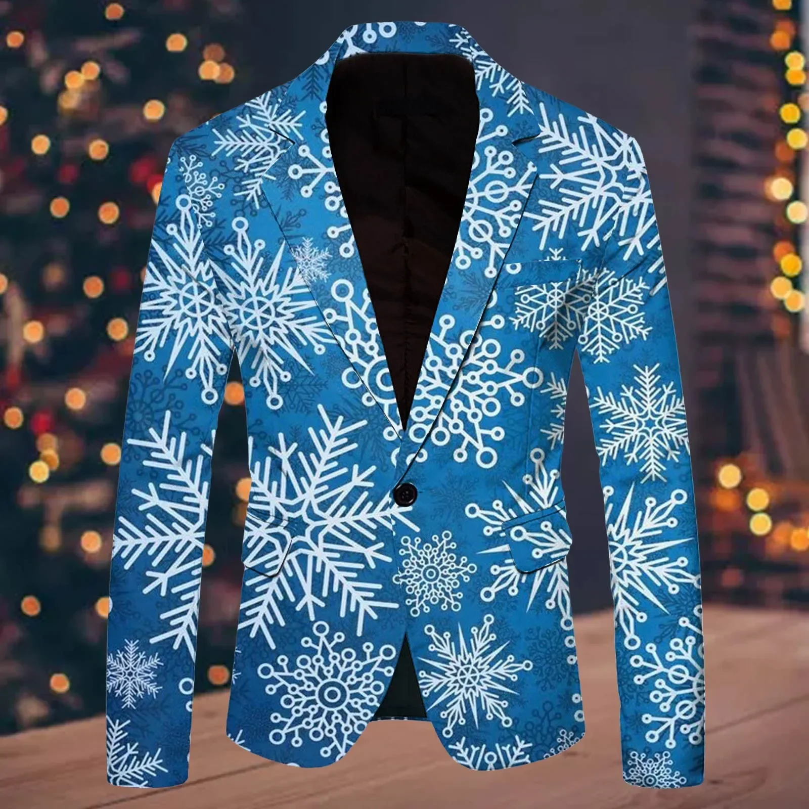 Snowflake Pattern Christmas Suit Jacket Men Fashion Leisure Christmas Printed Pocket Singel Button Jacket Mens Party Clothing