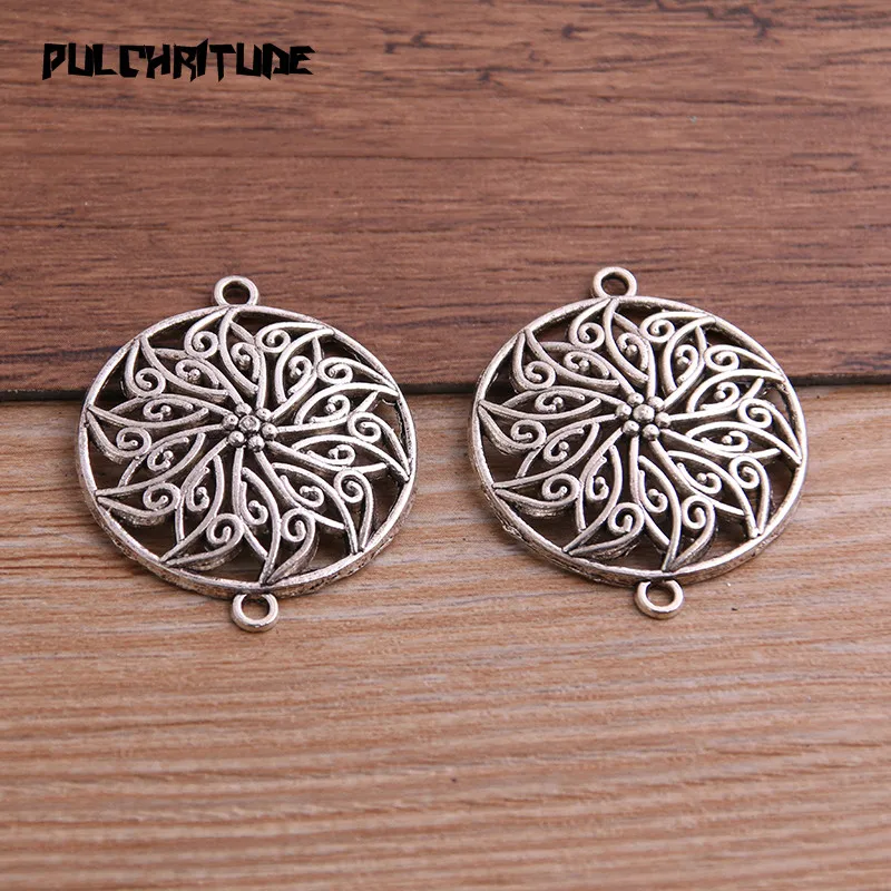 PULCHRITUDE 8pcs 29*35mm Two Color Zinc Alloy Vintage Round Flower Connectors Pendants Jewelry Making DIY Handmade Craft