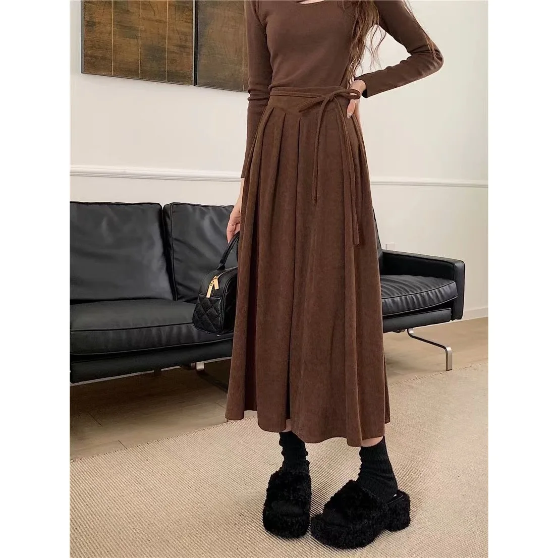 オールマッチプリーツスカート女性秋冬ハイウエスト A ライン折りスカート女性韓国ファッションベルト付きミディスカート