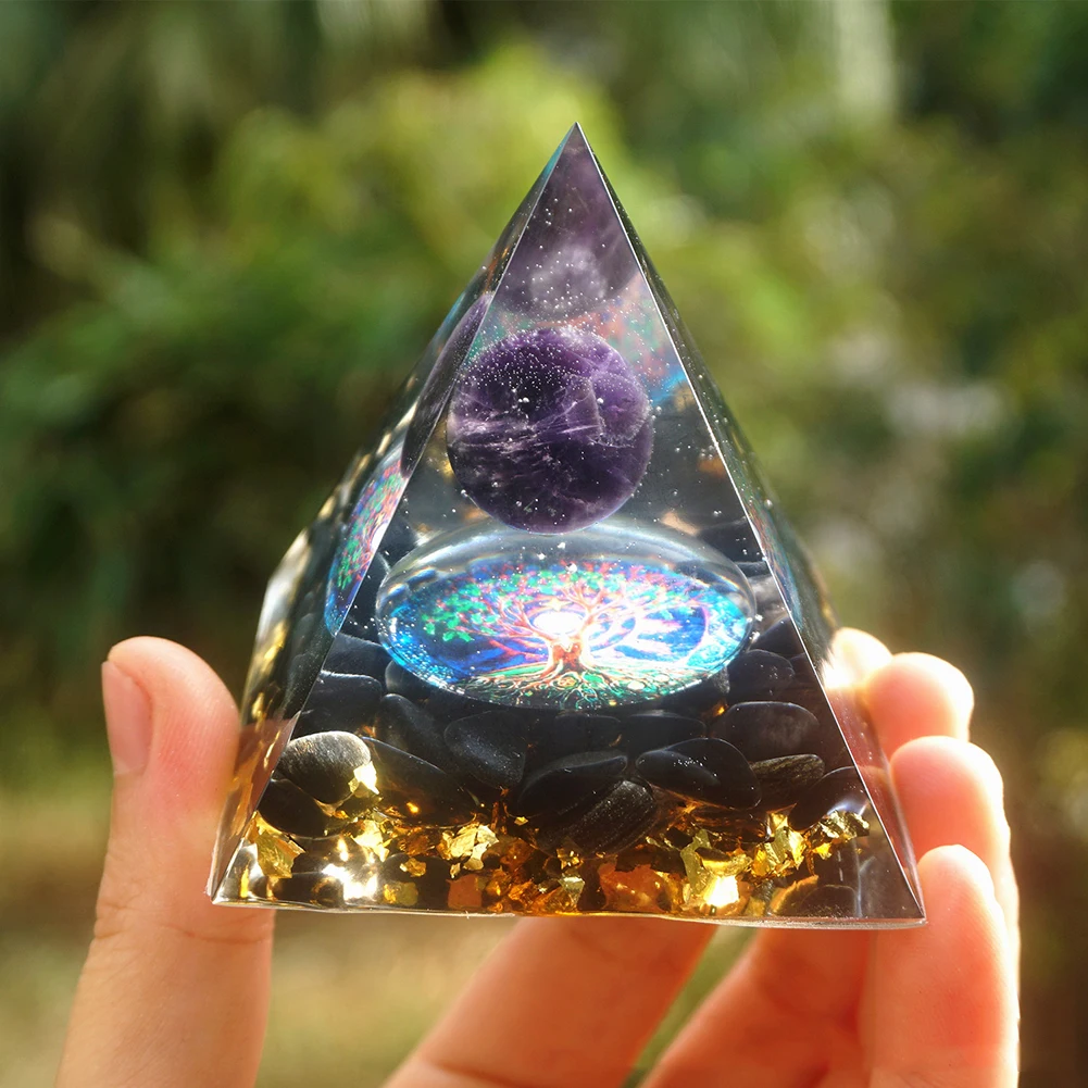 Energy Pyramid Orgonite Reiki Natural Amethyst Ball Healing Crystals Chakra Tool Ornaments Resin Stones Craft Kids Gift Pyramid