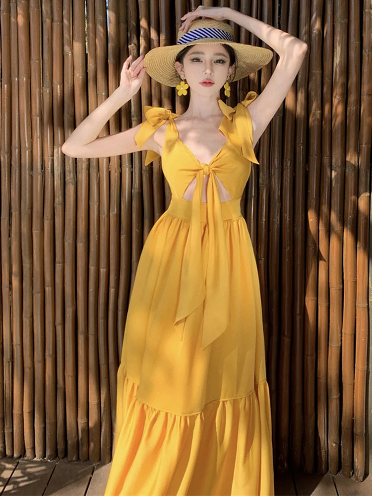 Sexy Fashion Bohemia Yellow Long Dresses For Women 2024 New Summer Beach Vacation Sleeveless Bandage Slim Big Swing Dress Female