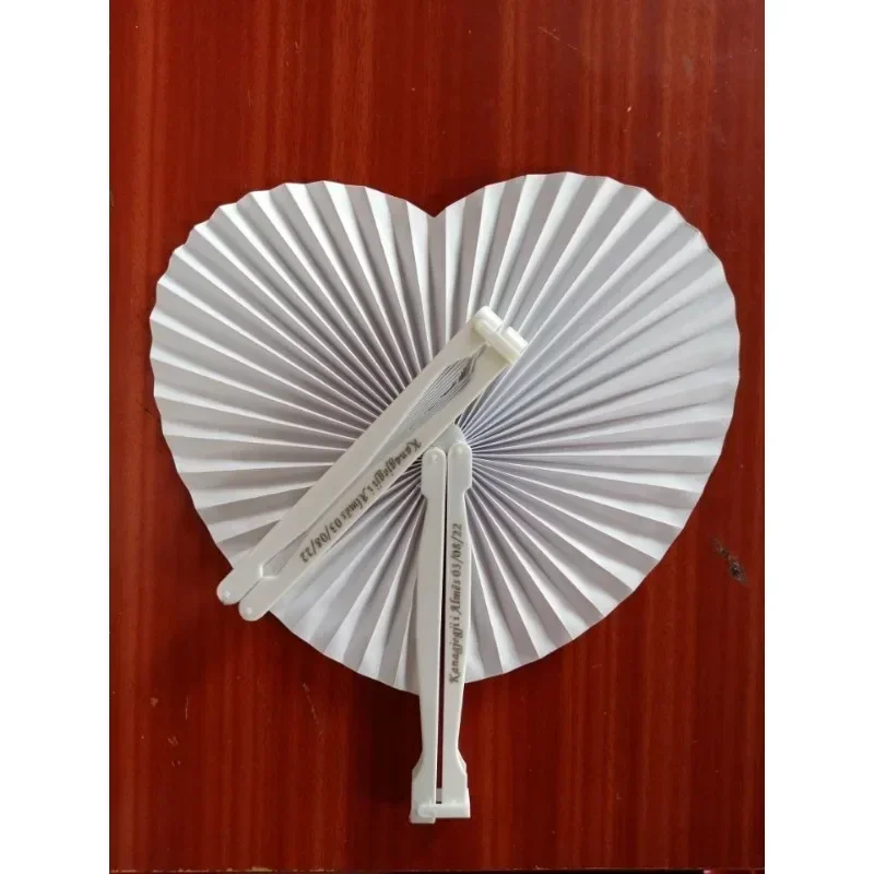 Custom White Folding Paper Fans, 15/20/30/110 Pieces, Heart Shaped Plastic Handles for Weddings, Souvenirs, Parties