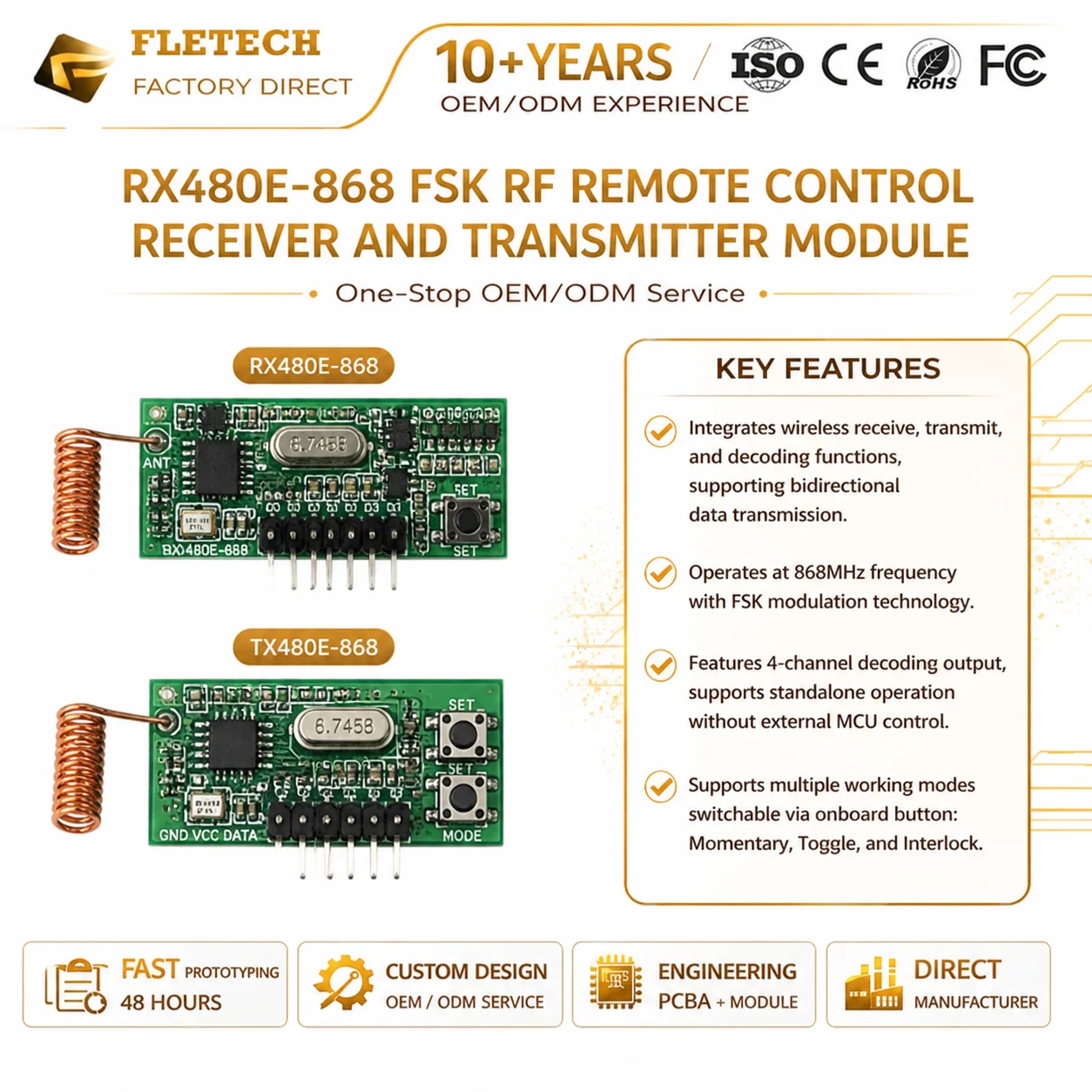 RF Transceiver Module RX480E-868 868MHz 4CH FSK EU Industrial Wireless Remote Control 400m Long Range SMD 5-24V