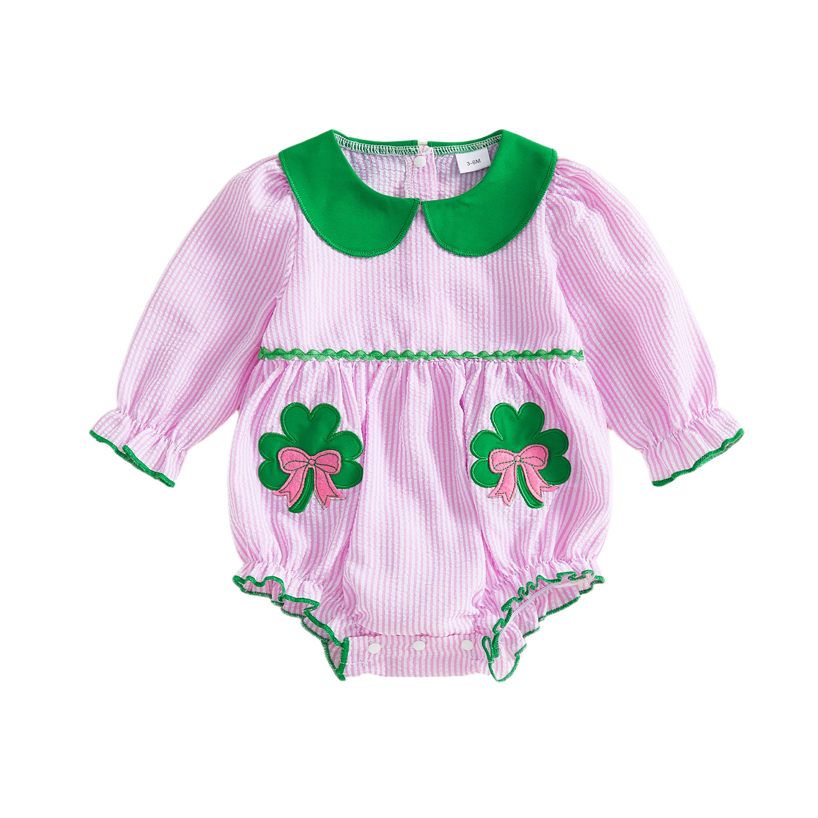 Infant Baby Girl Irish Bubble Romper Striped Bow Clover Embroidered Long Sleeve Doll Collar Jumpsuit Casual Spring Clothes