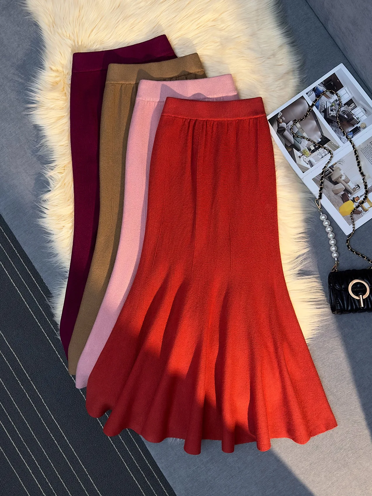 Thiened malha fi cauda f saia com camisola comprimento médio envoltório em torno da saia cintura alta coreano sle commute mistura de poliéster