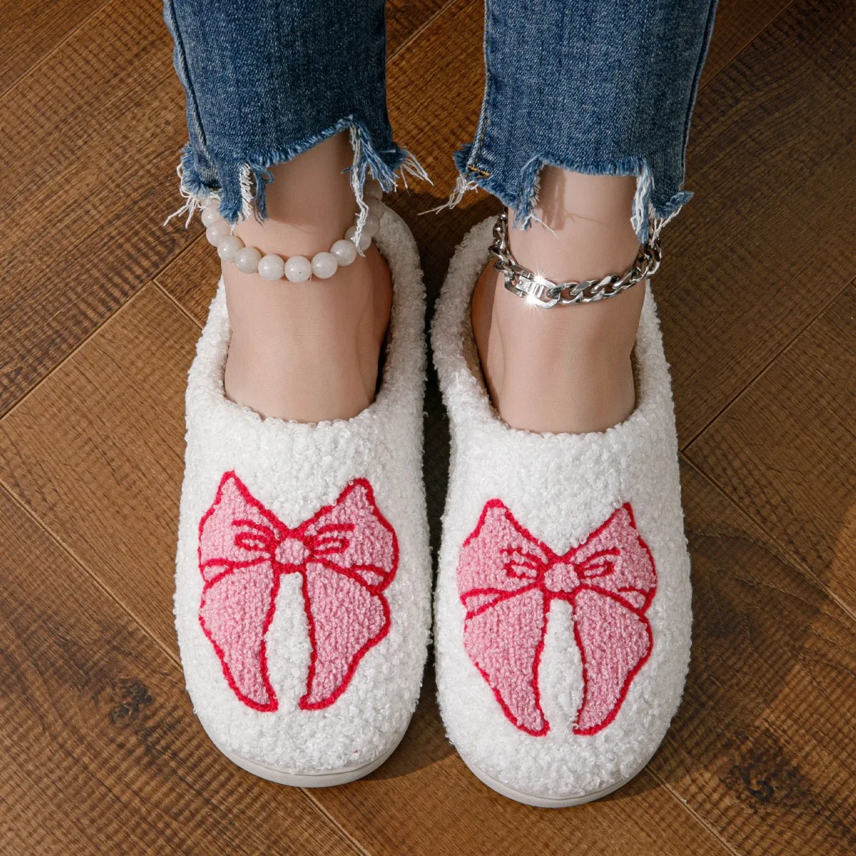 

Winter Warm Lovely Bow Home Slippers For Women Men Cute Flower Embroidery Pattern Slides Family Christmas Gift Soft Cotton Shoes