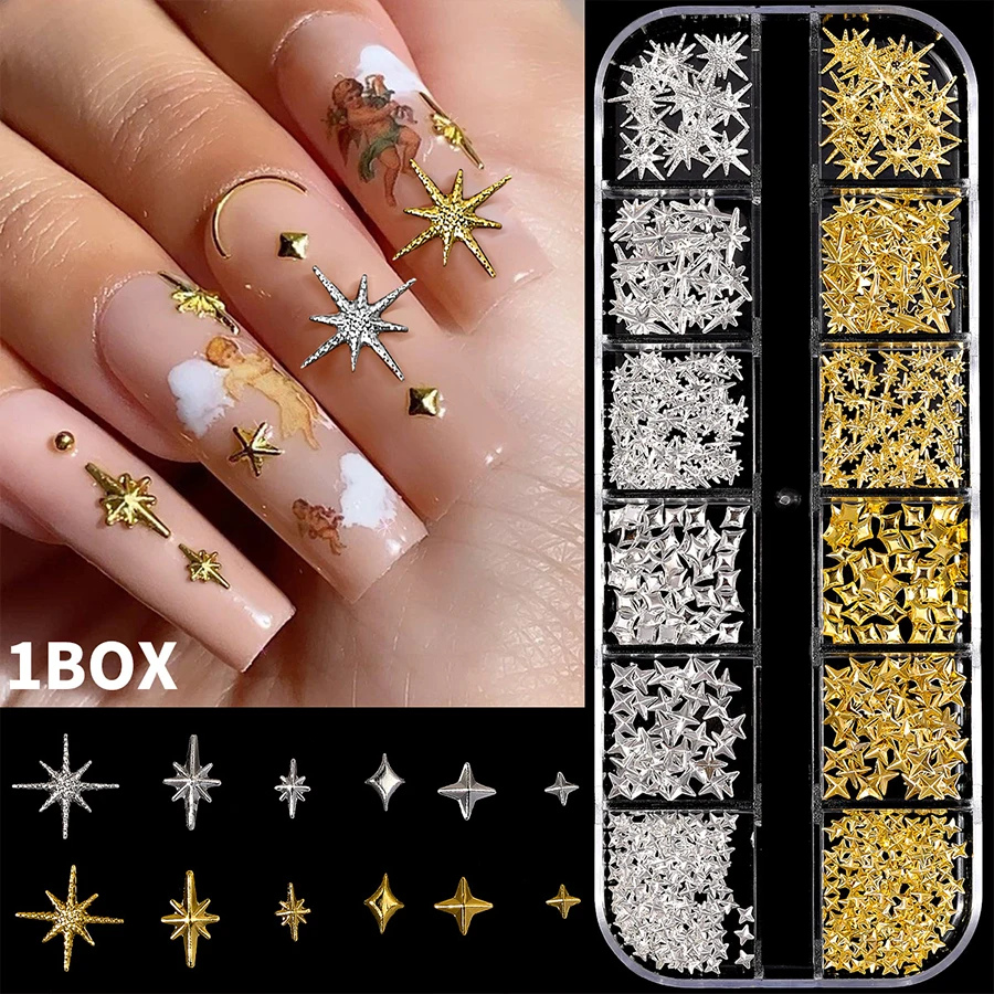 12grids Golden Silver 3D Star Nail Rivet Studs Metallic Starlight Cross Star Sparkle Jewelry Nail Charms DIY Nail Art Decoration