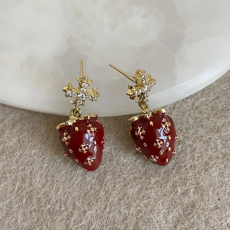 

Minar Personality CZ Cubic Zirconia Cross Red Enamel Strawberry Long Drop Earrings for Women Real Gold Plated Copper Jewelry