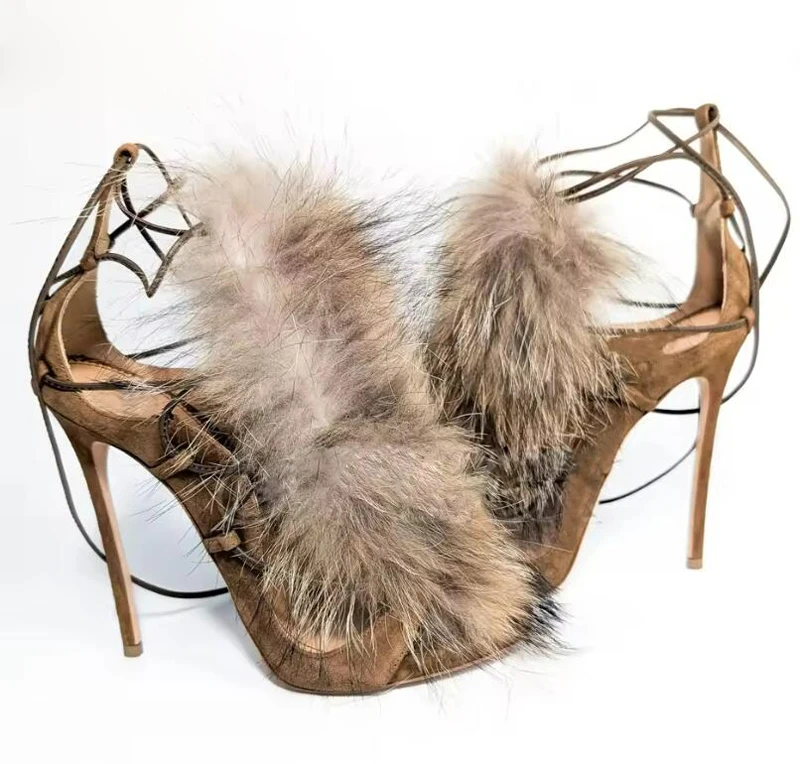 

Sexy Real Raccoon Fur Front Thin Strap Lace- Up Sandals brown suede Cutout Stiletto High Heels Peep Toe Woman Sandals Mujer