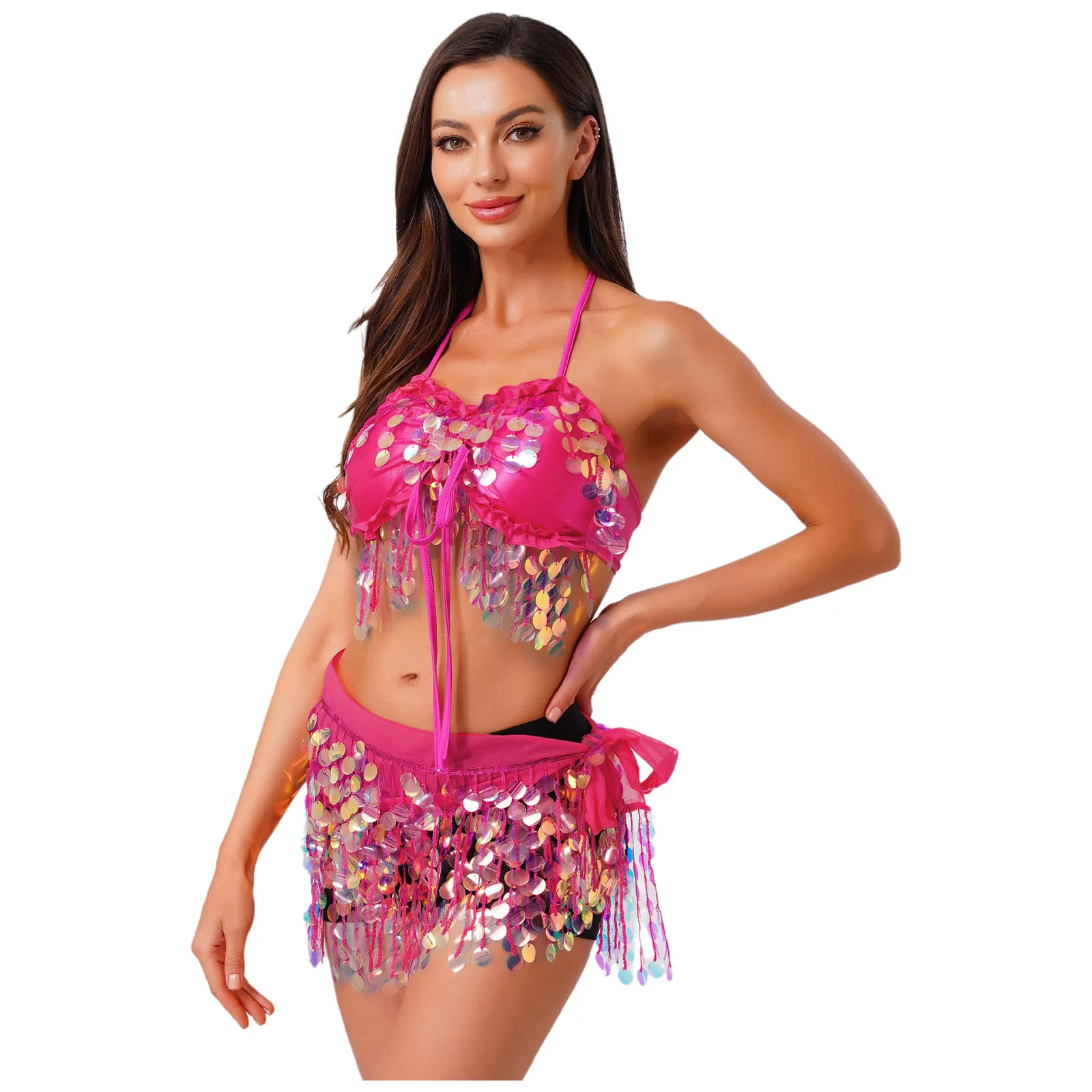 

Women Sequin Tassel Belly Dance Sets Halter Crop Top And Tying Hip Scarf for Belly Oriental Latin Class Dance Performance Wear