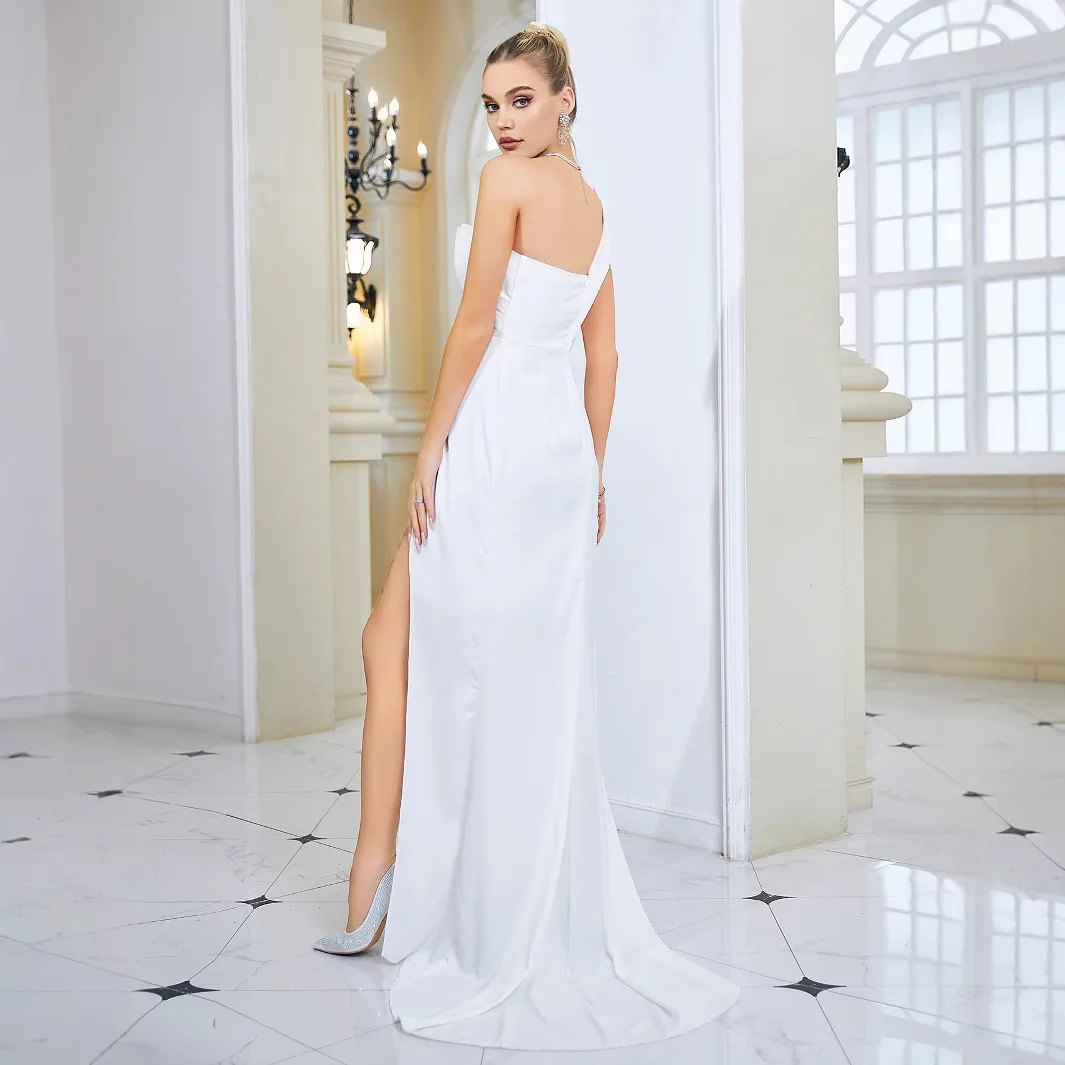 Cor sólida elegante ombro único fino sem mangas longo split vestido de noite mulher modesta 2025 vestido de verão robe feminino