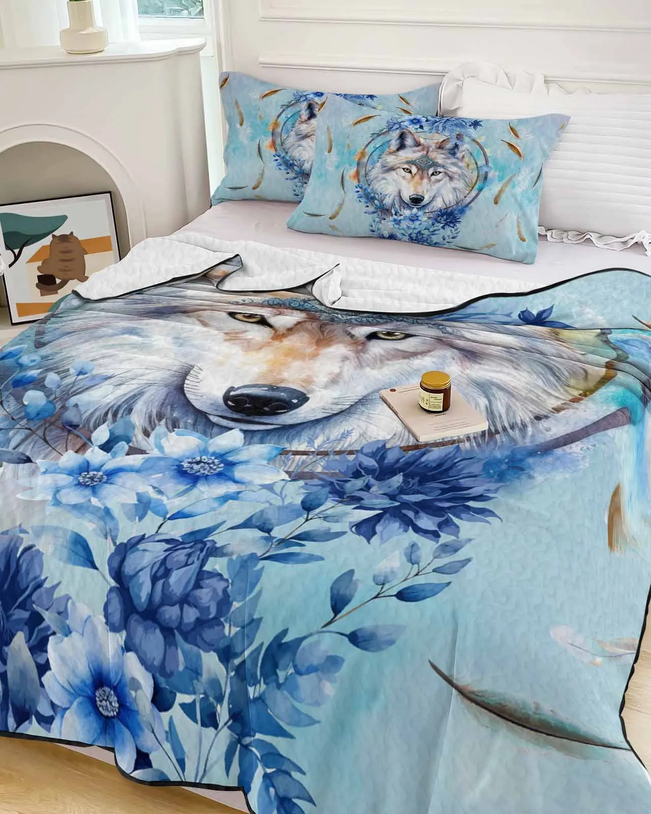 Watercolor Wolf Flower Feather Snowflake Blue Summer Cooling Quilt Air Condition Blanket Comfortable Lightweight Thin Quilt