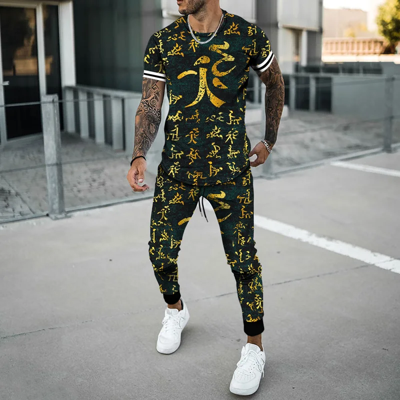 2023 Summer Men\'s 2 Piece Sets Oversized T Shirts Joogers Outfits Fashion Men Trousers Tracksuit 3D Printed Trend Male Clothing