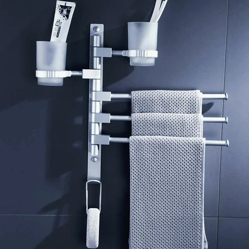 

Wall Mounted Swivel Towel Holder, Rotating Stainless Steel Towel Rack with Hook, Space-Saving Swing Hanger for Bathroom