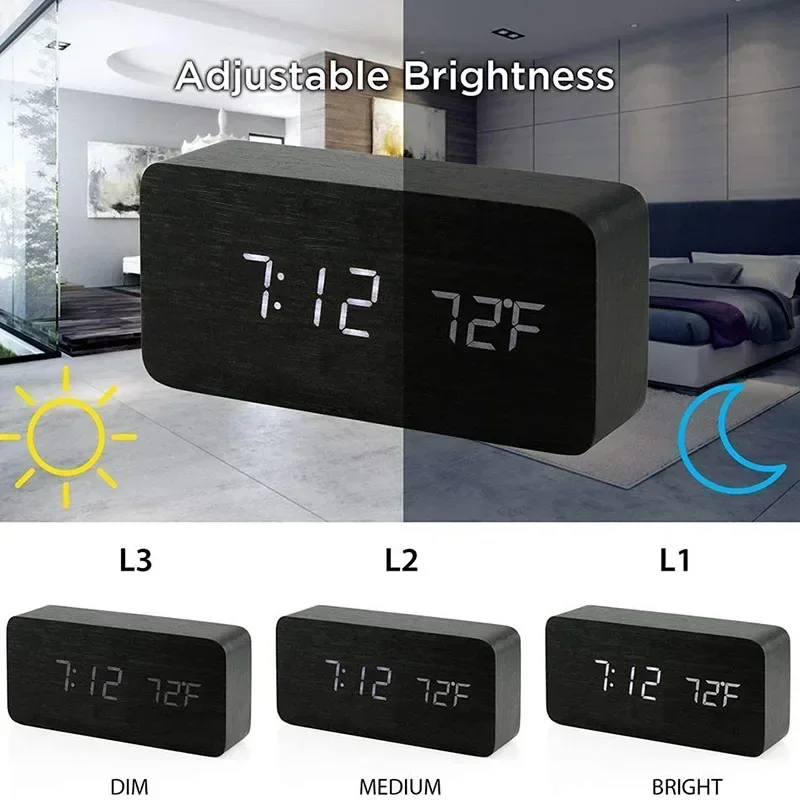 Digital Alarm Clock Wooden LED Table Clock with Temperature for Bedroom Office Travel Desk