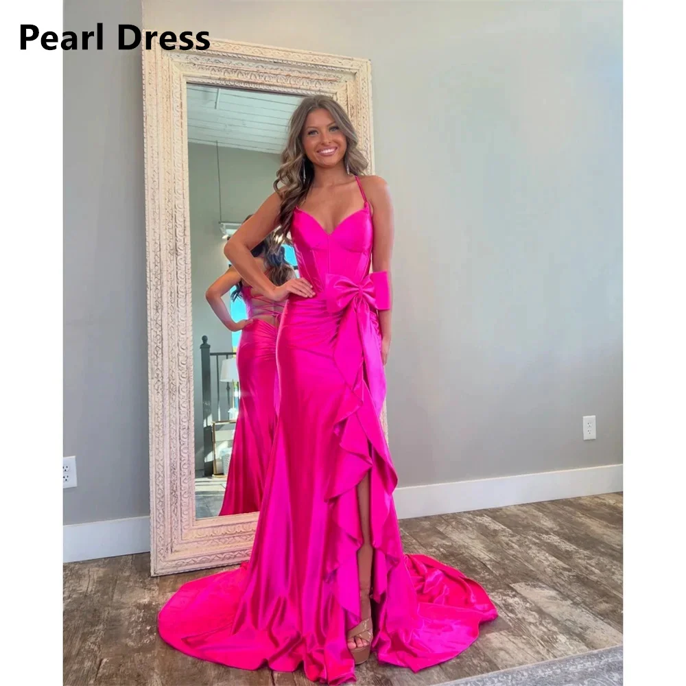 

Pearl Satin Elegant Evening Party Dresses for Special Occasions Custom Made Dress Spaghetti Straps Fish Tail Side Slit Woman