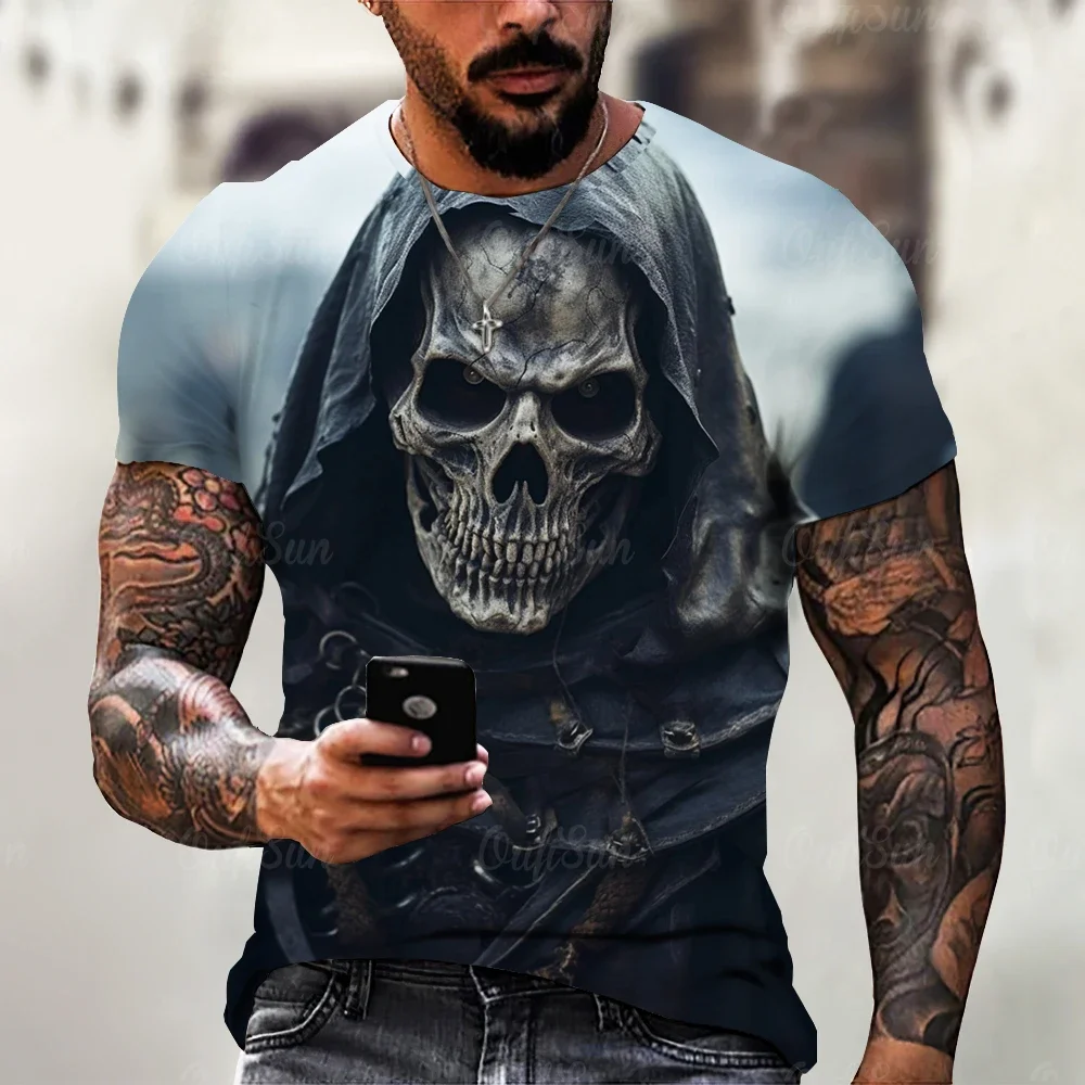 Summer Vintage Horror 3D Skull Print Men\'s T-shirt Classic Casual O Neck Short Sleeve Fashion Loose Oversized Tops Tee Shirt Men