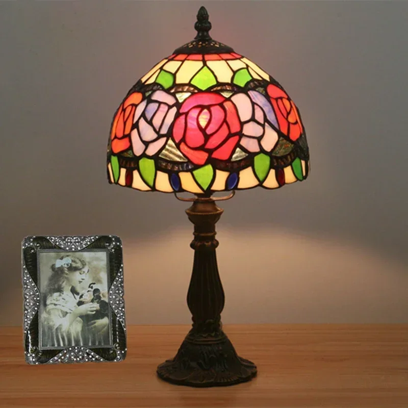 

Vintage Rose Table Lamp LED Tiffany Stained Glass Lighting Fixtures Bedroom Bedside Standing Desk Lamp Home Luminaria Decoration