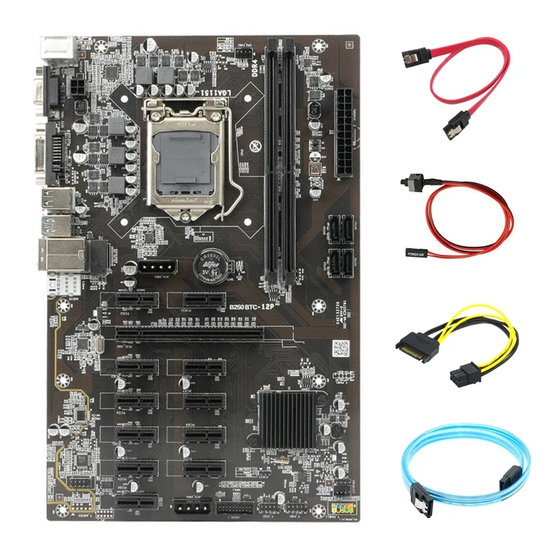 B250 BTC Miner Motherboard With SATA Serial Port Cable+SATA 15Pin To 6Pin Cable+SATA+Switch Cable 12Xgraphics Card Slot