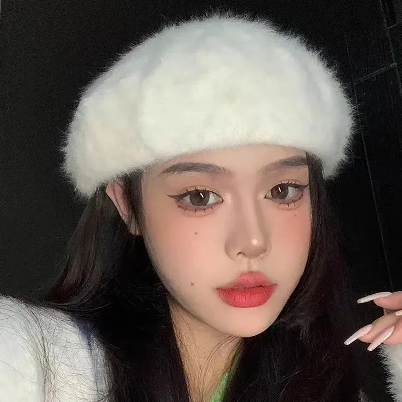 Trendy Autumn/Winter Women's Beret Hat featuring Reversible Design and Rabbit Fur