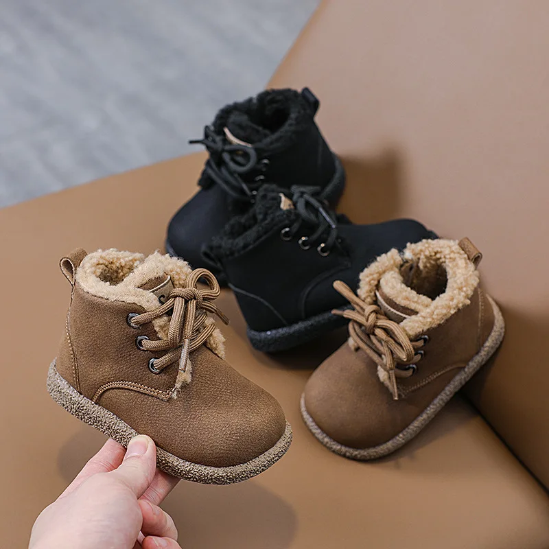 Children Snow Boots Concise Style Plush Chunky Winter Kids Short Boot Solid Color Slip-on Unisex Classic Boys Girls Shoes