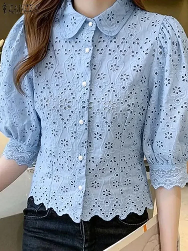 

ZANZEA 2025 Summer Ruffled Hem Women Blouse Lace Up Shirts Vintage Lapel Collar Casual Loose 3/4 Sleeve Button Tops Tunic Blusas