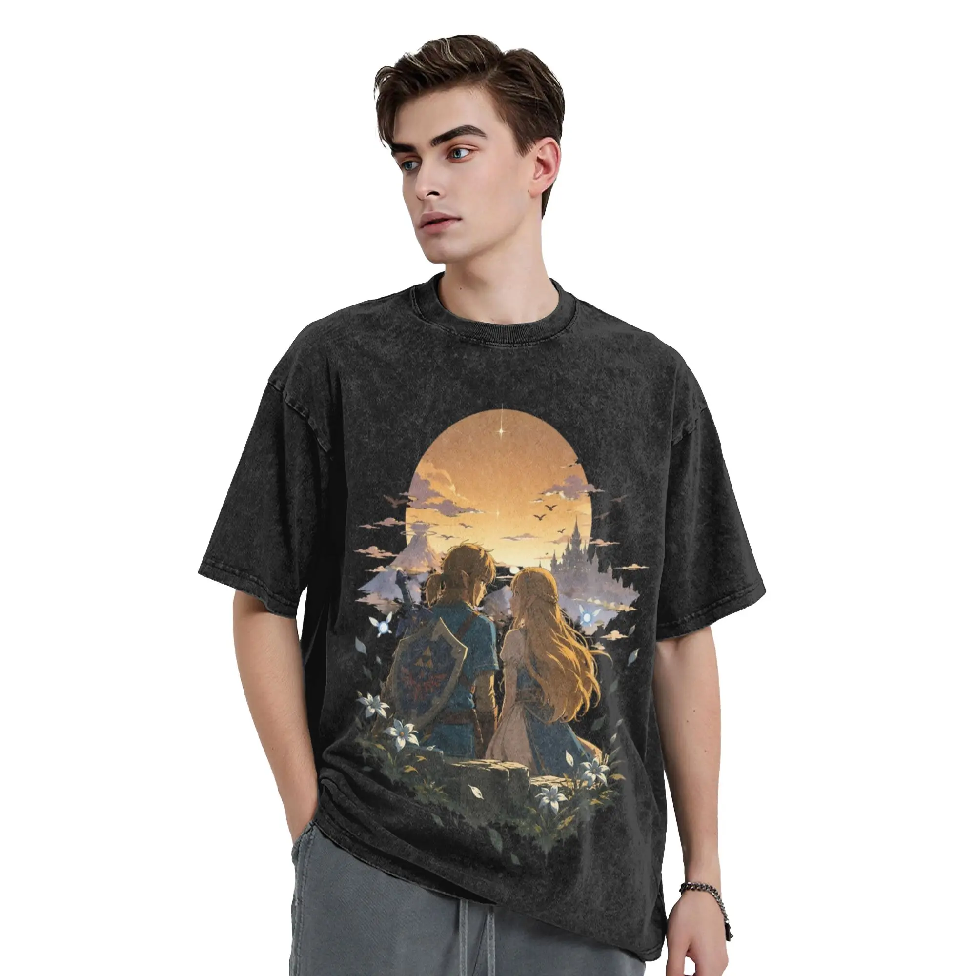 Zeldas Legend Link Washed T Shirts Streetwear Vintage T-Shirt Game Anime Tee Shirt for Men Women 100% Cotton Harajuku Graphic