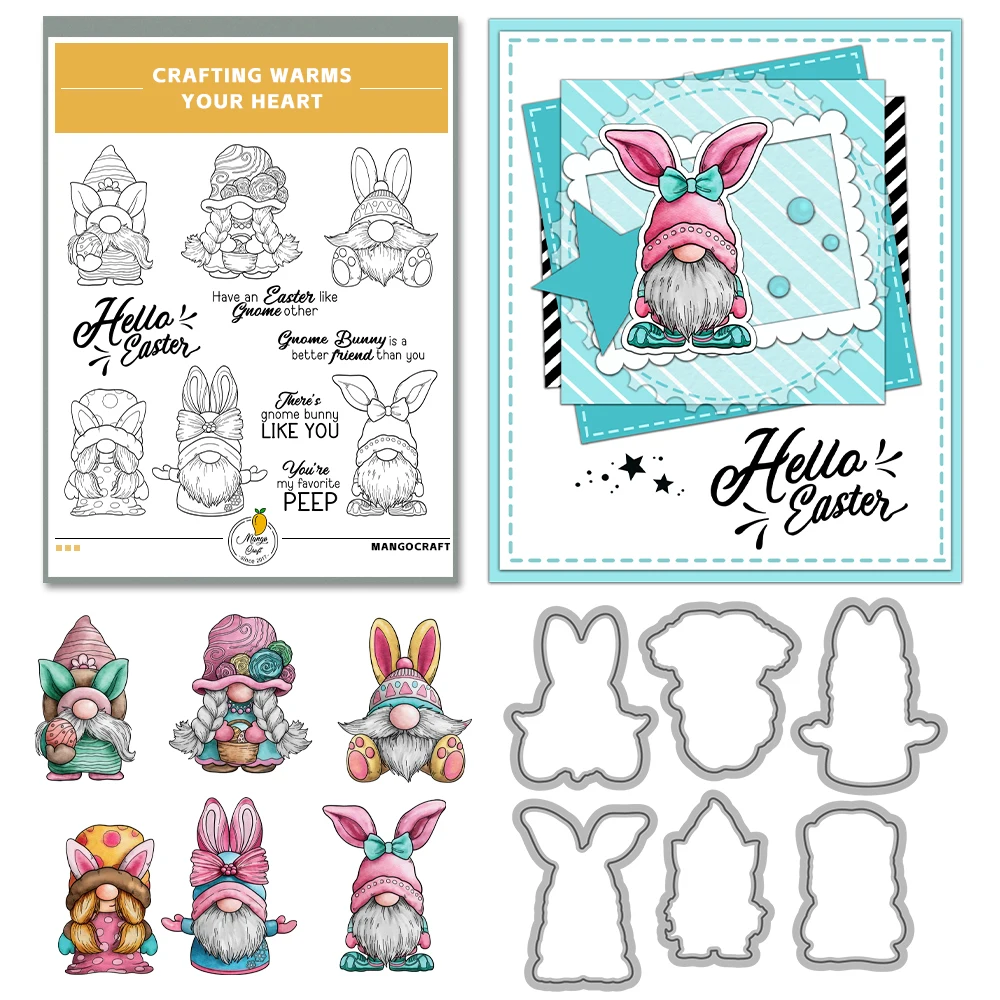 Mangocraft Happy Easter Rabbits Cute Gnome Cutting Dies Clear Stamp DIY Scrapbooking Metal Dies Silicone Stamps For Cards Albums