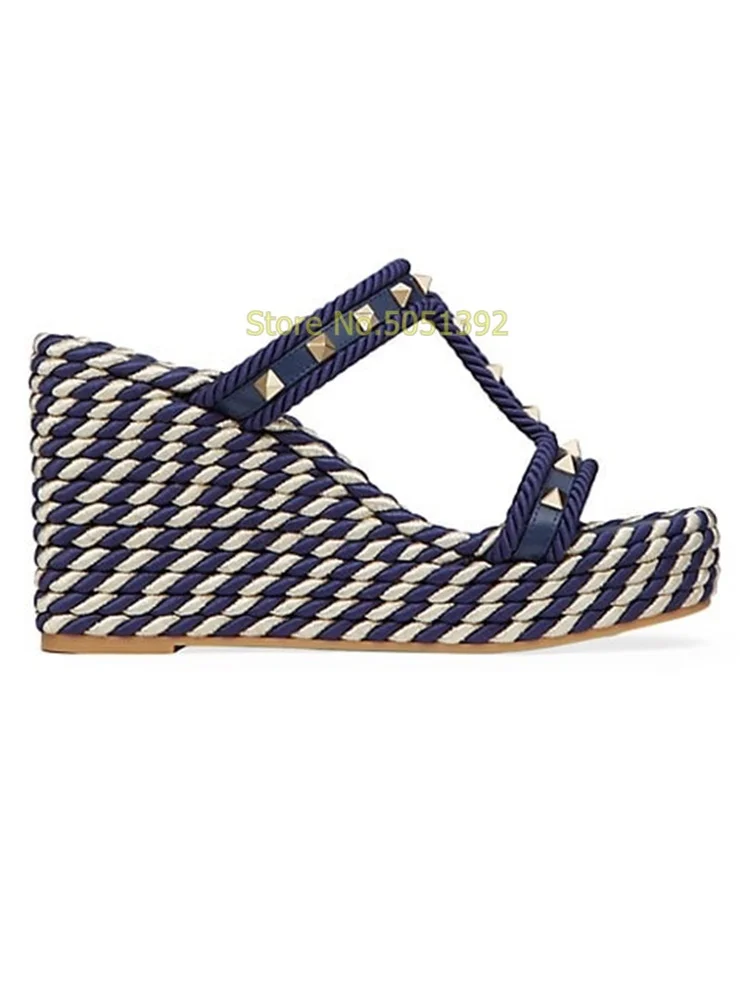 Pink Rockstud Espadrille Wedge Sandals T Strap Open Toe Platform Weave Heel Shallow Slip On Summer Women Dress Sandals