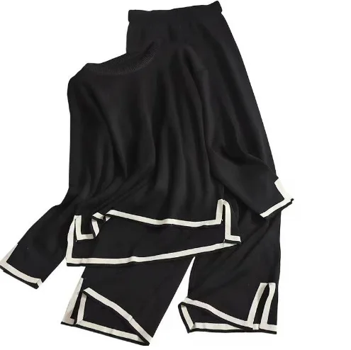 Eleganter Anzug mit langen Ärmeln und seitlichem Schlitz, Pullover, Hose mit weitem Bein, 2-teiliges Set für Damen, Herbst, einfarbig, lässiges