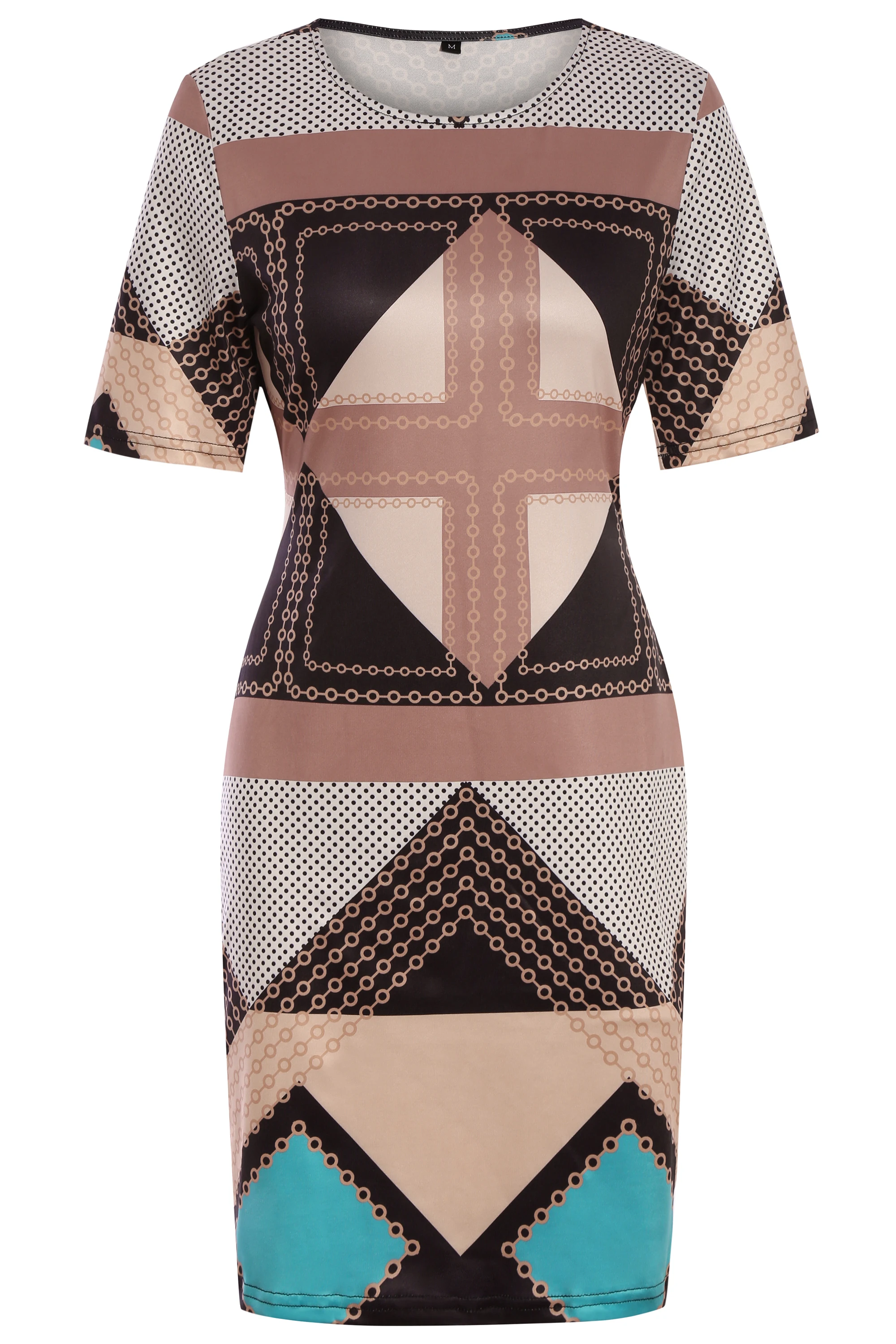 Womens Short Sleeve Geometry Print Crew Neck Work Mini Business Slim Casual Party Pencil Bodycon Sheath Dress