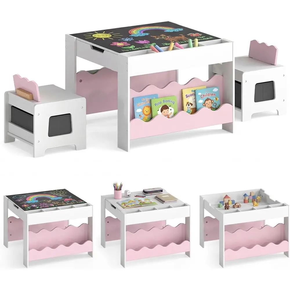 Kids Table and Chairs, Wooden 4-in-1 Activity Desk Set w/Double-Sided Tabletop, Chalkboard, Bookshelves, Small Comparents & abri