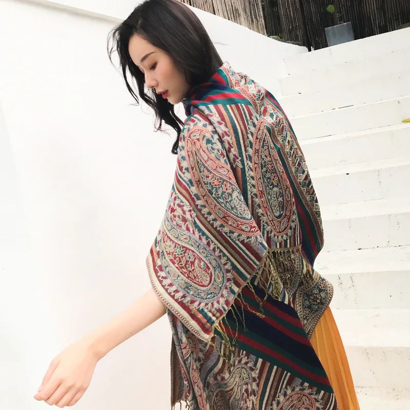 Mantón largo con flecos jacquard grandes y estampado de anacardos, bufanda tipo chal bidireccional para mujer