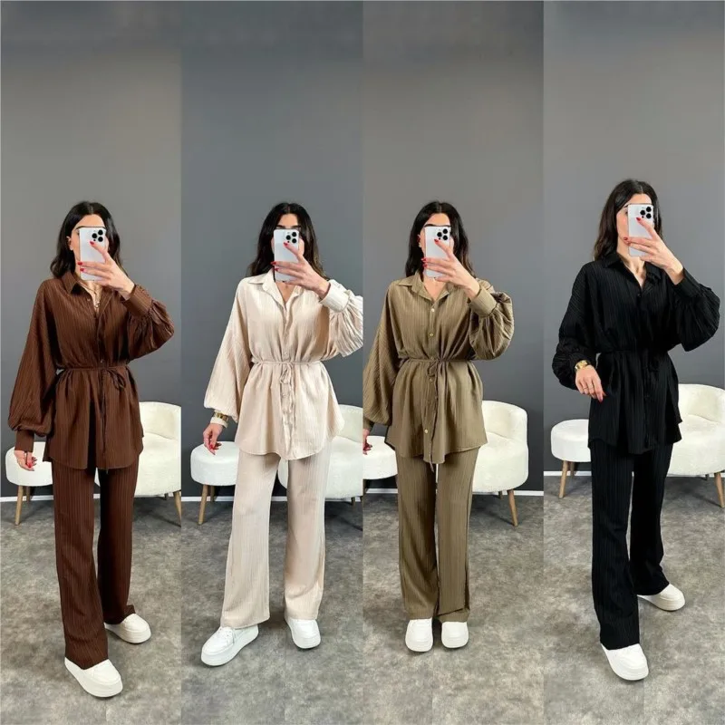 

Women's Suit New Fashion Bubble Long-sleeved Loose Lace-up Shirt Straight Casual Pants Two Pieces Sets for Women
