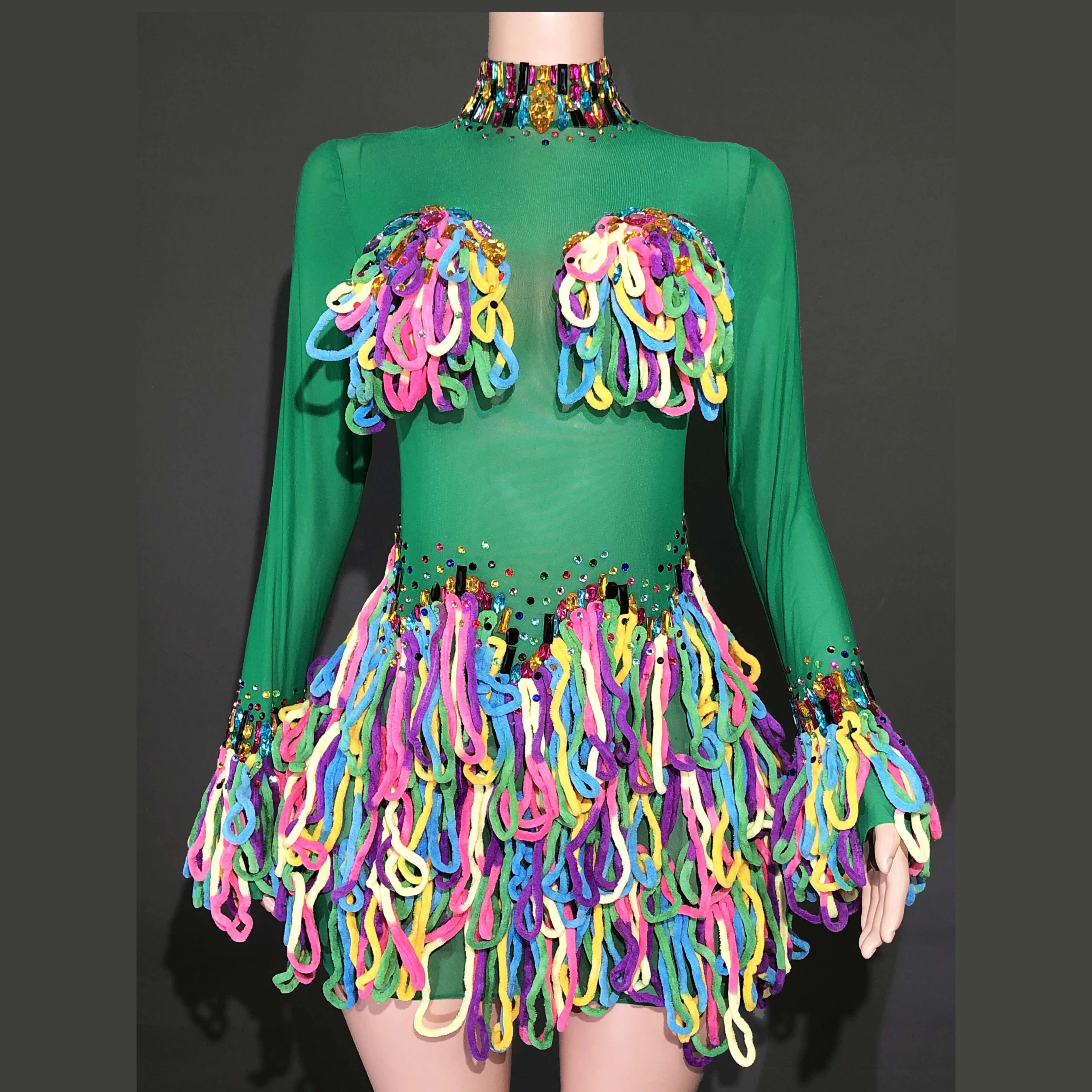 

Sparkly Rhinestones Colourful Tassels Dress for Women Sexy Mesh See Through Performance Dance Costume Birthday Photo Shoot Wear