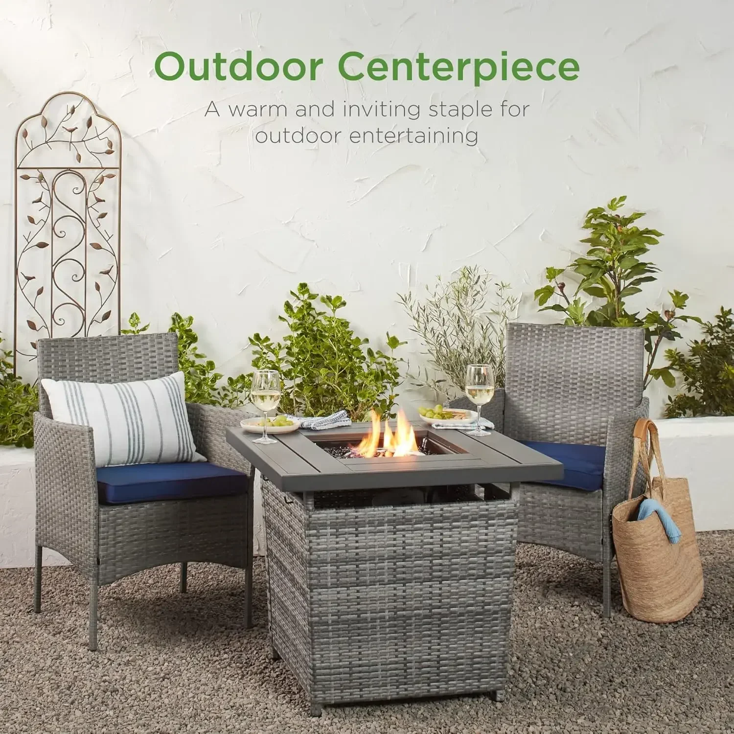 

28in Gas Fire Pit Table, 50,000 BTU Outdoor Wicker Patio Propane Firepit w/Faux Wood Tabletopy