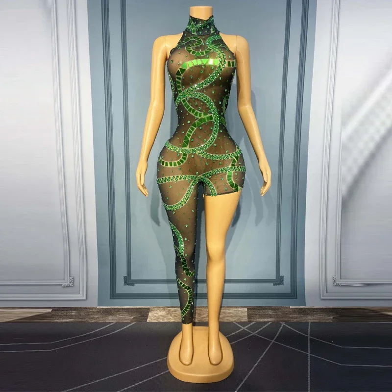 

One Leg Rhinestones Jumpsuit Women Green Sequins Pole Dance Bodysuit Singer Stage Party Outfit Nightclub Dj Ds Rave Wear