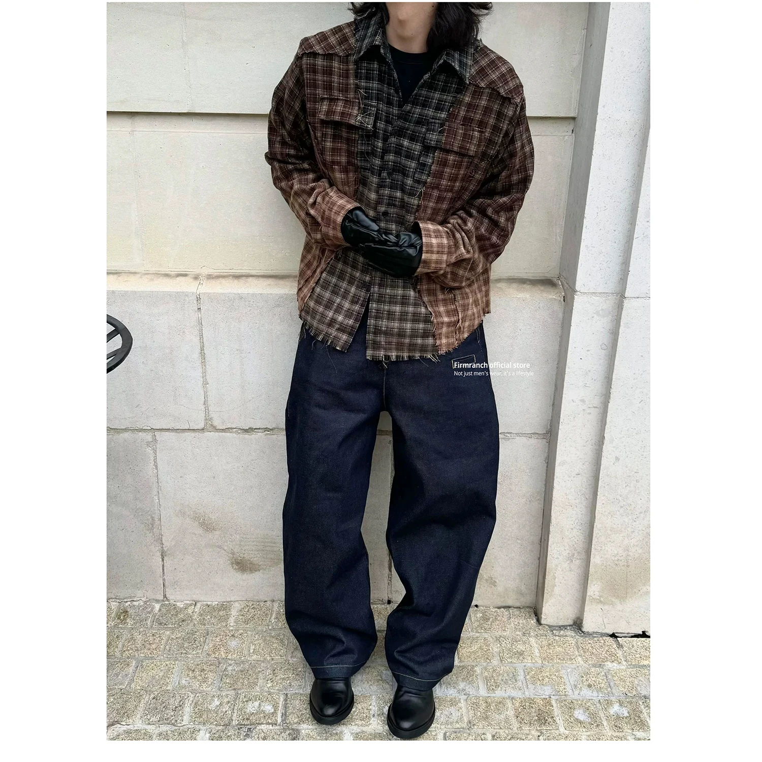 Firmranch Korean Fashion Vintage Spliced Raw Edge Plaid Gradient Long Sleeve Shirt for Men & Women Spring Autumn Cardigan Jacket