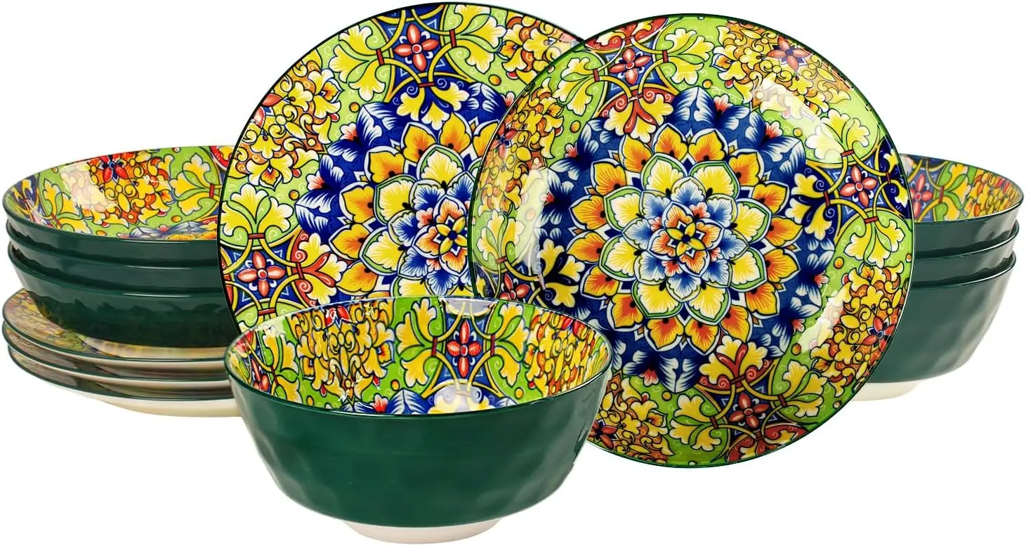 

Mandala Dinnerware Sets, Plates and Bowls Set, Porcelain Dishes (12 Pieces) Service for 4, Zanzibar, Bohemian Style Dining Ware,
