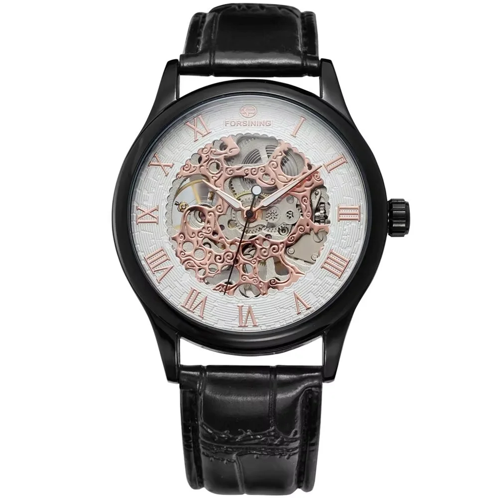 FORSINING Fashion casual men's and women's watches black waterproof leather strap watches automatic mechanical wrist watches