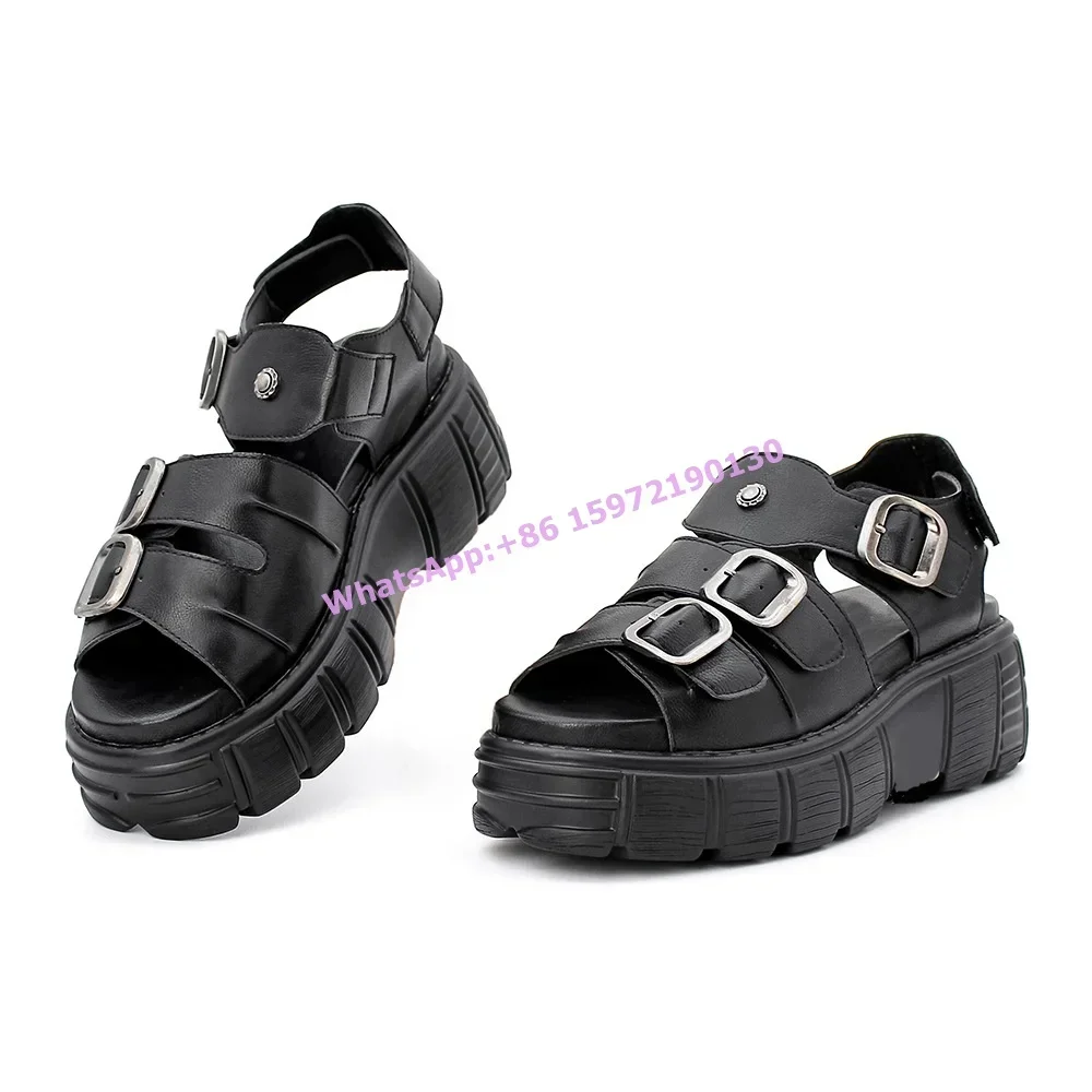 

Thick Soled Sandals Peep Round Toe Buckle Strap Leather Metal Decoration Solid Shoes Black Cool All Match Concise Shoes 2025