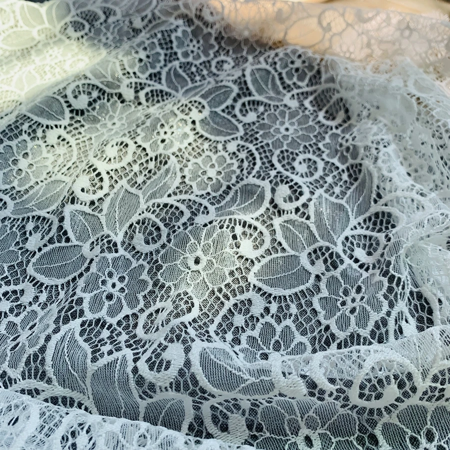 Organdy Shiny Fiber Lace Fabric Off White, Black in Stock Eyelash(two sides) Lace Skirt Dress DIY Sewing Material 3 Meters Long