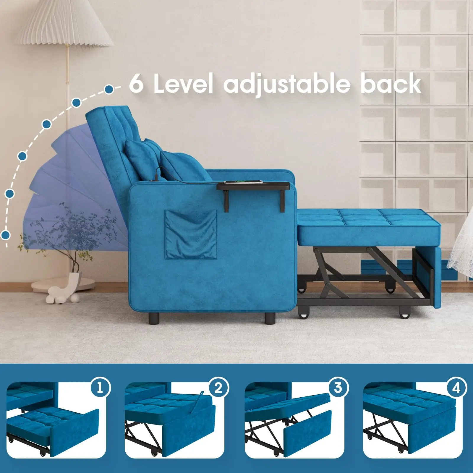 Vabches Velvet Chaise Lounge Chair with USB Ports & Two Pillows 3-in-1 Convertible Sofa Chair for Living Room Leisures Sofa Bed image 4