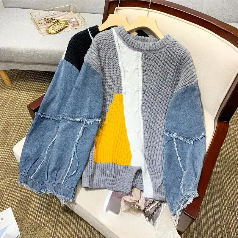 Dimanaf 2024 Winter T-Shirt Oversize Women Sweaters Denim O-Neck Patchwork Pullover Knitting Basic Blue Fashion Loose Sweater