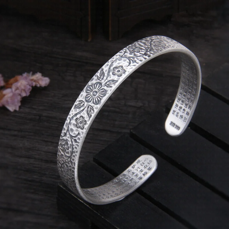 S999 Sterling Silver Charms Bracelets for Women Men Emboss Flowers Meteorite Pattern Heart Sutra Bangle Jewelry Wholesale