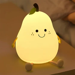 Night Lights for Kids Pear Shaped Cute Silicone Nightlight 7 Colors Dimmable Night Lamp USB Charging for Bedroom Bedside Room